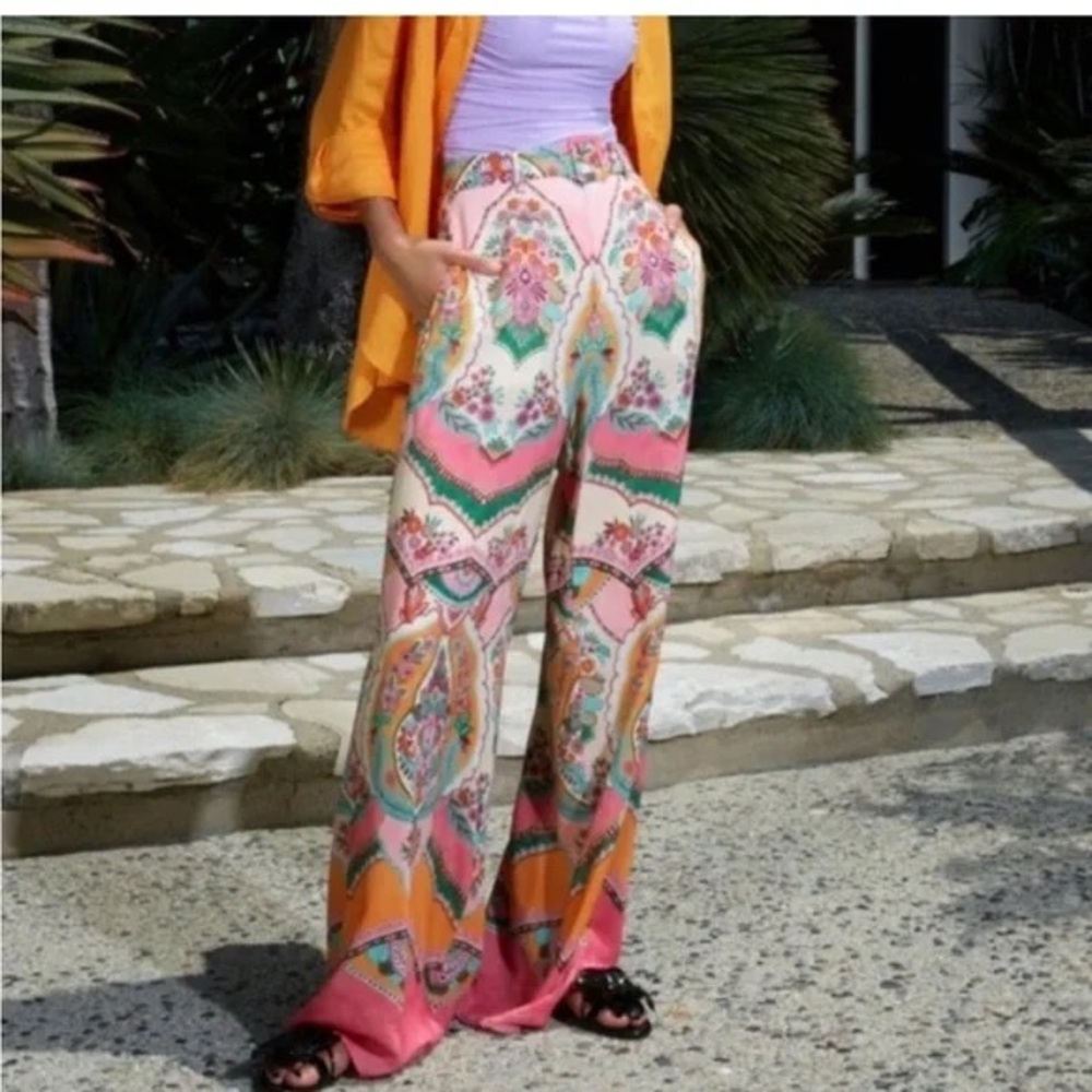 NEW ZARA PALAZZO PRINTED PANTS - Floral belted bottoms
